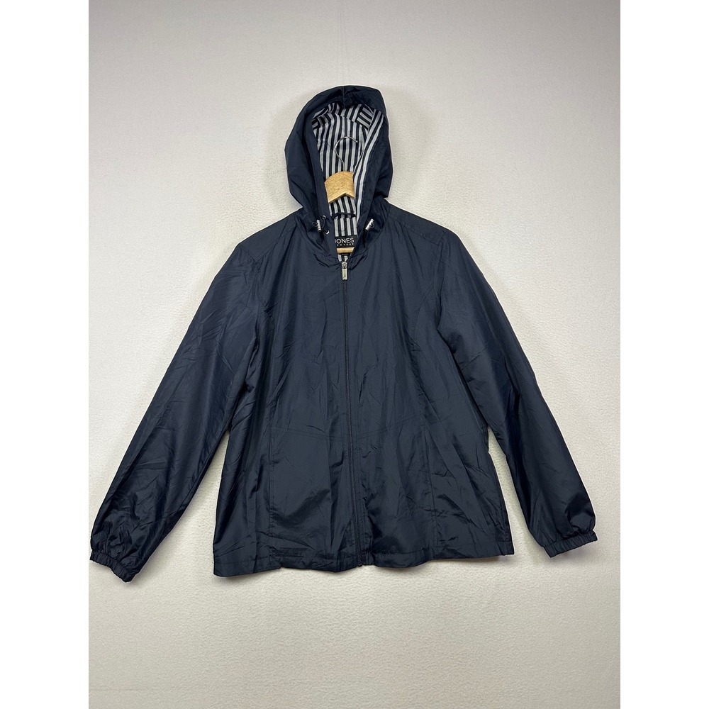 Jones New York Hooded Windbreaker Womens Medium Navy Full Zip Jacket Nautical